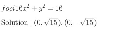 The foci 16x^2+y^2=16 is (0,sqrt(15)),(0,-sqrt(15))